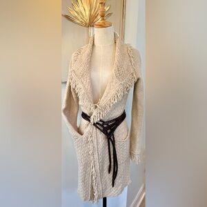 Cream Wool-Blend Fringe Cardigan | Boho Open Front Coatigan